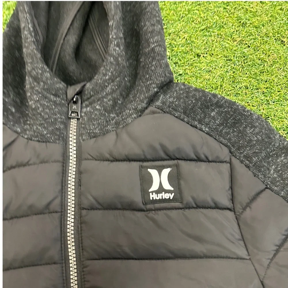 Hurley Boys Hybrid Puffer Jacket Full Zip Hoodie Black Charcoal Size S 7/8